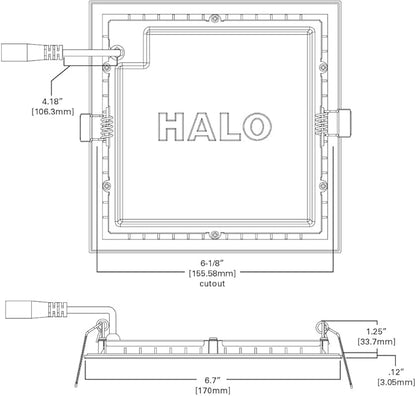 HALO HLB 6 in Square Canless Ultra-Thin LED Recessed Lighting Wafer Light, 900 Lumens, 5 Selectable Color Temperatures 2700K-5000K, Wet Rated, Energy Star Certified for Ceiling and Shower