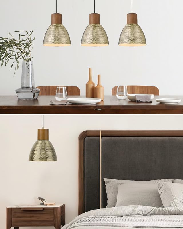 ELYONA 2 Pack Hammered Pendant Light Fixtures, 10.2" Vintage Metal Solid Wood Hanging Bar Lamp, Mid Century Antique Gold Pendant Lights for Kitchen Island, Farmhouse, Dining Room, Brushed Brass
