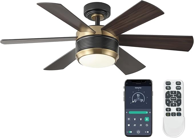 SHOWDI Ceiling Fan with Lights and Remote, 6 Blade App Control Timer Reversible Stepless Brightness and Color Temperature Outdoor Wood Ceiling Fan with Lights (Black-Gold, 42 Inch)