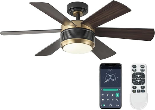 SHOWDI Ceiling Fan with Lights and Remote, 6 Blade App Control Timer Reversible Stepless Brightness and Color Temperature Outdoor Wood Ceiling Fan with Lights (Black-Gold, 42 Inch)