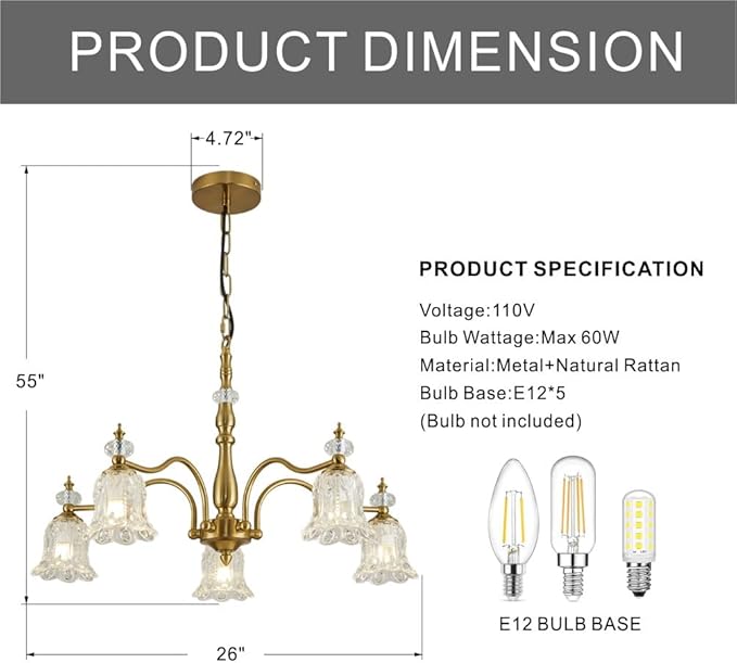 5 Lights Vintage Gold Chandelier, Elegant Rustic Chandeliers Glass Pendant Light Fixture for Dining Room Kitchen Living Room Bedroom