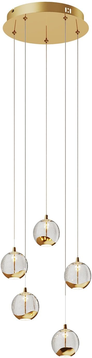 5-Light Modern Gold Glass Globe Chandelier, Hanging Cluster Pendant Light Kitchen Island & Foyer Chandelier, Warm White 3000K, Brushed Gold Pendant Lights Cluster, Ø 11.03 in