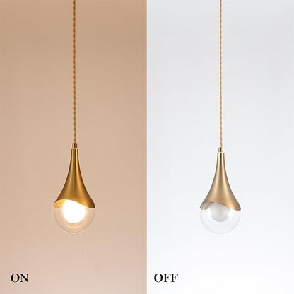 MWZ Gold Plug in Pendant Light,Hanging Lights with Plug in Cord On/Off Switch, Mini Brass Pendant Lights for Kitchen Island,Modern Raindrop Lamps Fixture with Globe Glass Shade for Bedroom