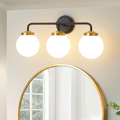 Black Gold Bathroom Light Fixtures Above Mirror, 22.4'' Modern Vanity Lighting with White Glass Globe Shade 3-Light Farmhouse Wall Sconce