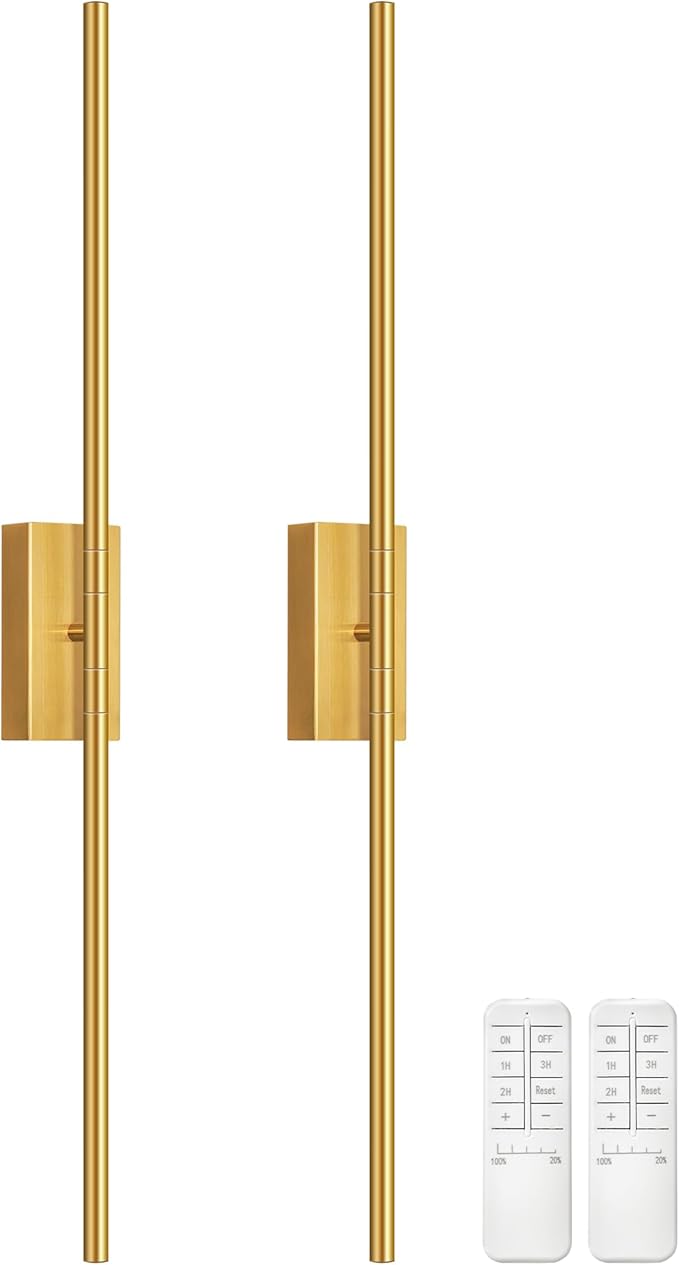 34.6" Wireless Battery Operated Wall Sconces Set of Two,Rechargeable Lamp with Remote, 360° Rotation, 10000mAh Battery, Touch Dimmable Lights for Living Room Hallway Bedroom, Gold D05YBP205