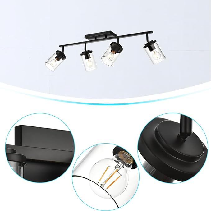 BONLICHT Ceiling Spotlights Track Lighting Kit 4 Light Bathroom Vanity Lighting Black Modern Multi-Directional Ceiling Mount Fixture Industrial Farmhouse Sconces Wall Mount Lamp with Clear Glass Shade