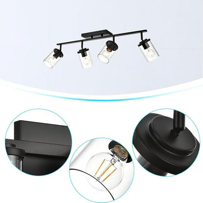 BONLICHT Ceiling Spotlights Track Lighting Kit 4 Light Bathroom Vanity Lighting Black Modern Multi-Directional Ceiling Mount Fixture Industrial Farmhouse Sconces Wall Mount Lamp with Clear Glass Shade