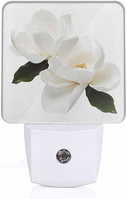 Magnolia Flower Night Light Plug-into Wall White Flowers and Green Leaves Nightlight Lamp with Dusk to Dawn Sensor, Led Lamp 0.5W Energy Efficient for Home Decor