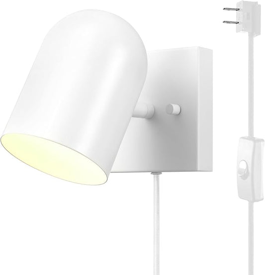 Globe Electric 65000146 1-Light Plug-in or Hardwire Wall Sconce, Matte White, 6ft White Braided Fabric Cord, in-Line Rocker Switch, Wall Lights for Living Room, Home Décor