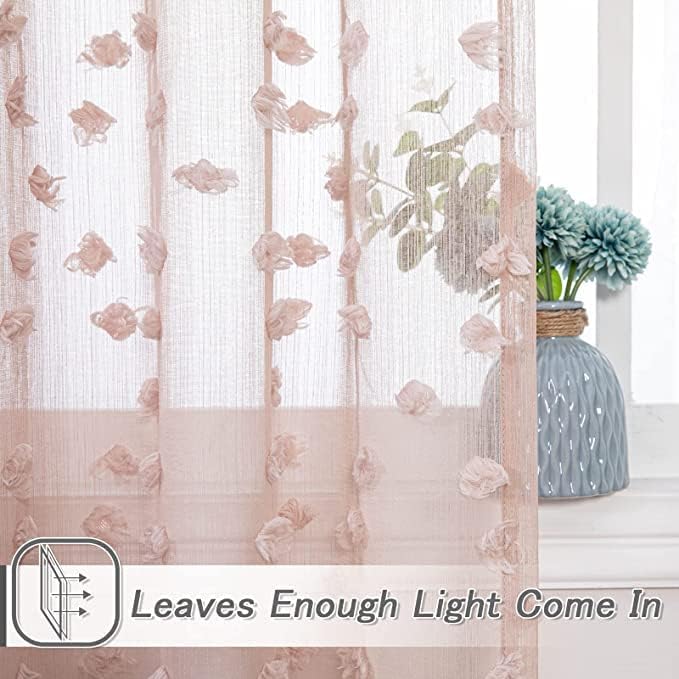 MYSKY HOME Pink Sheer Short Curtains for Small Windows Kitchen 45 inch Long with Pom Pom Bedroom Nursery Kids Girls Room Curtains Cafe Light Filtering Boho Drapes, Rod Pocket,52" Wide, 2 Panels