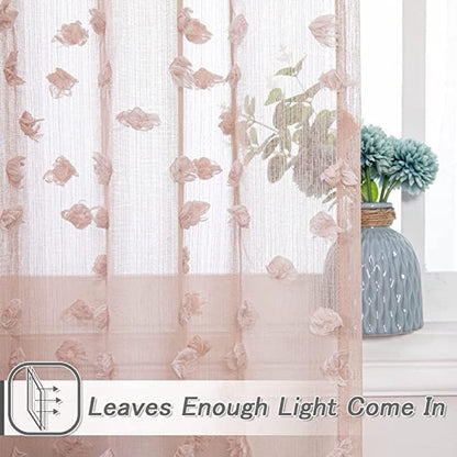 MYSKY HOME Pink Sheer Short Curtains for Small Windows Kitchen 45 inch Long with Pom Pom Bedroom Nursery Kids Girls Room Curtains Cafe Light Filtering Boho Drapes, Rod Pocket,52" Wide, 2 Panels