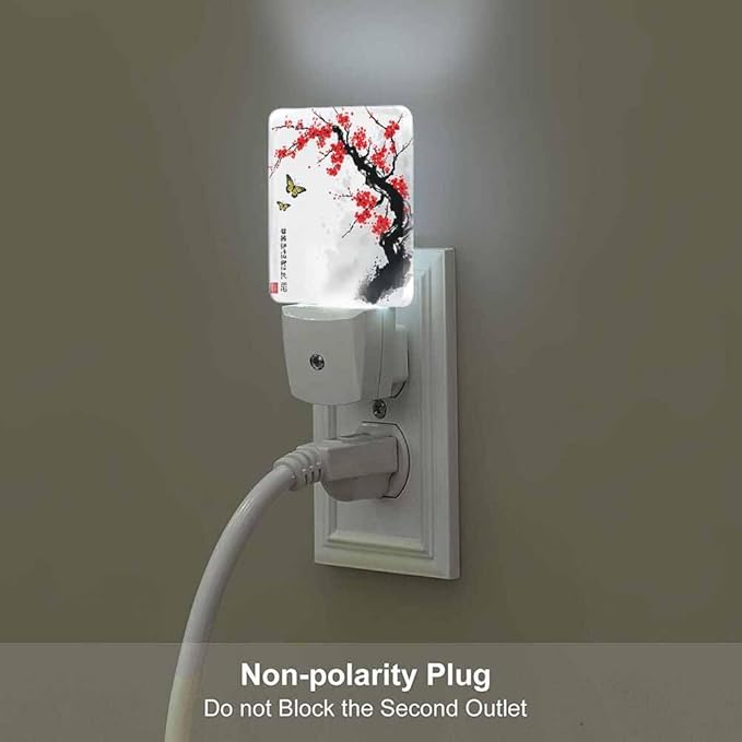 Plum Blossoms and Butterflies Night Light Red Ink Painting Style LED Night Lights Plug into Wall for Stairway Hallway Bedroom 0.5W Nightlight