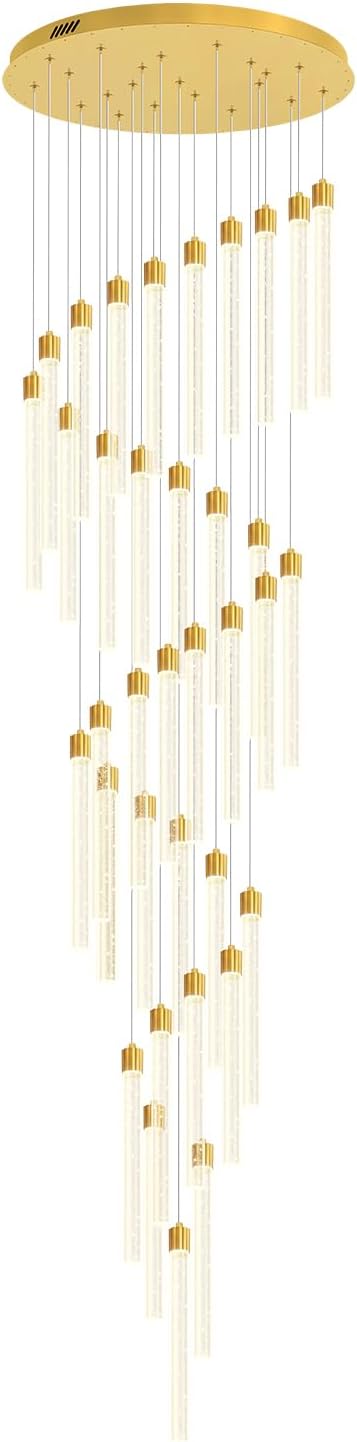 200'' Long Crystal Column Chandelier Gold 36-Light Extra Large Staircase Chandelier High Ceiling Dimmable LED Ceiling Lighting Foyer Entryway Light Source is Replaceable
