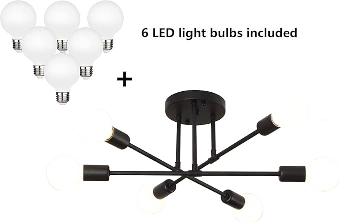 Modern Sputnik Chandelier, 6-Light Ceiling Light, 6 LED Light Bulbs Inlcuded for Bedroom,Dining Room,Kitchen,Office (Black)