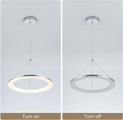 CHYING LED Pendant Lights Kitchen Island, 15.8" 18W Warm White Modern Ring Chandelier, Adjustable Height Silver Hanging Pendant Ceiling Light for Dining Room Bedroom Hallway Entryway, 3000K