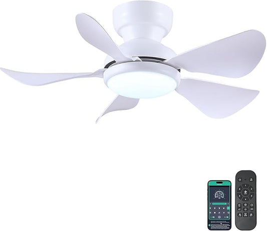 Kviflon 32 Inch Modern Ceiling Fans with Lights, Small Flush Mount Ceiling Fan with Light and Remote/APP Control, 5 Reversible 6 Speeds Curved Blades, 3 CCT Dimmable Lights for Kids Room, White