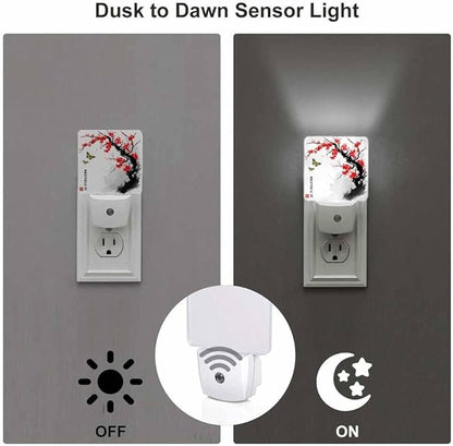 Plum Blossoms and Butterflies Night Light Red Ink Painting Style LED Night Lights Plug into Wall for Stairway Hallway Bedroom 0.5W Nightlight