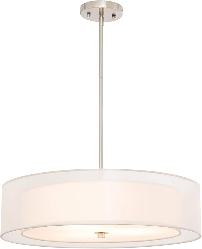 VONLUCE 3-Light Drum Chandeliers, 20" Pendant Light Fixture with 2-Layer Fabric Shade E26 Bases, Adjustable Swivel Joint Hanging Light Fixture for Bedroom Living Room Kitchen Hallway, Brushed Nickel