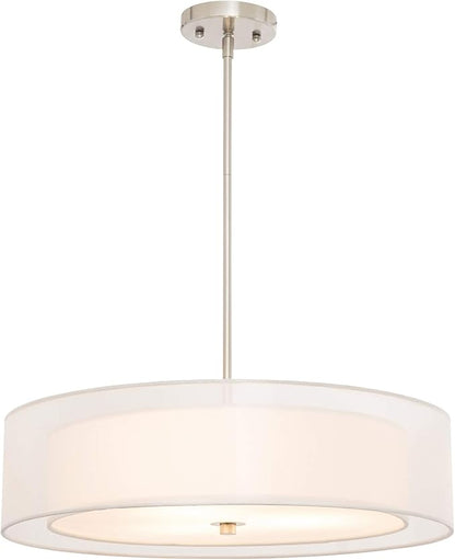 VONLUCE 3-Light Drum Chandeliers, 20" Pendant Light Fixture with 2-Layer Fabric Shade E26 Bases, Adjustable Swivel Joint Hanging Light Fixture for Bedroom Living Room Kitchen Hallway, Brushed Nickel