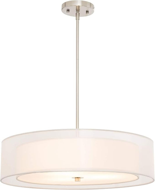 VONLUCE 3-Light Drum Chandeliers, 20" Pendant Light Fixture with 2-Layer Fabric Shade E26 Bases, Adjustable Swivel Joint Hanging Light Fixture for Bedroom Living Room Kitchen Hallway, Brushed Nickel