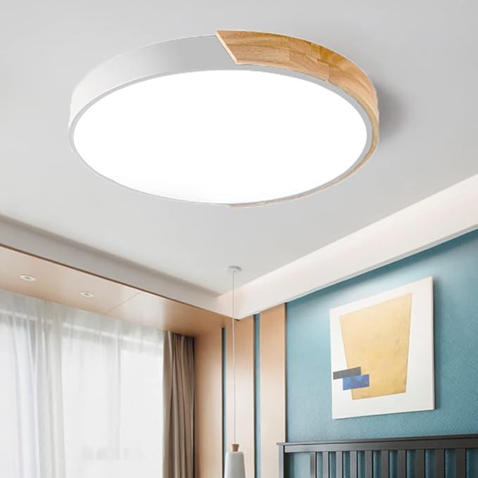 LED Ceiling Light Fixture,20 Inch Modern Wood Recessed Ceiling Lights, Dimmable Light,White 36W Close to Ceiling Lighting Flush Mount Living Room Bedroom,3000K-6000K