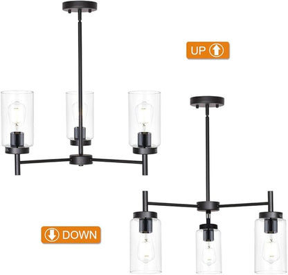 Farmhouse Chandeliers Black 3 Lights with Clear Glass Shades Modern Industrial Pendant Light Dining Room Lighting Fixtures Hanging Adjustable Wire Semi Flush Ceiling Lights