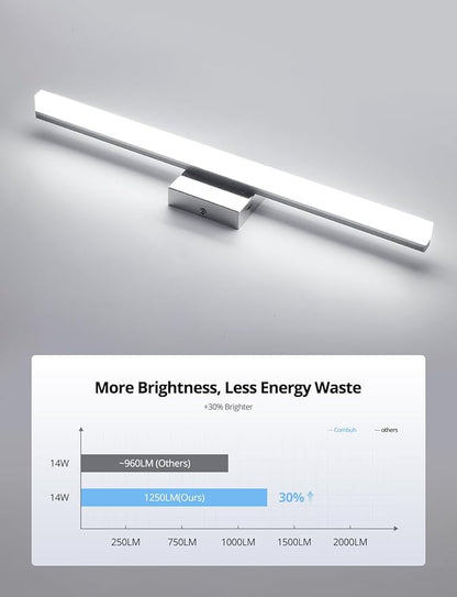 Combuh 24 Inch Chrome Vanity Light Fixtures for Mirror Long Led Bars for Bathroom, Modern No Glare 5 Color Adjustable Easy Install Rustproof Simple Slim Lighting Bright for Powder Room
