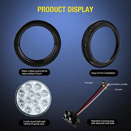 Nilight 2PCS 4" White Round LED Reverse Back Up Light w/Surface Mount Grommet Plugs Trailer Tail Lights for Truck Trailer RV Jeep