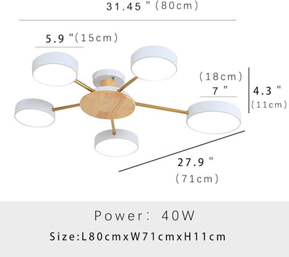 5-Lights LED Ceiling Light Fixture,32 Inch Modern Ceiling Lights Flush Mount Wooden 40W Dimmable Chandelier for Living Room Bedroom Kitchen,3000K/4000K/6000K Temperatures Selectable White