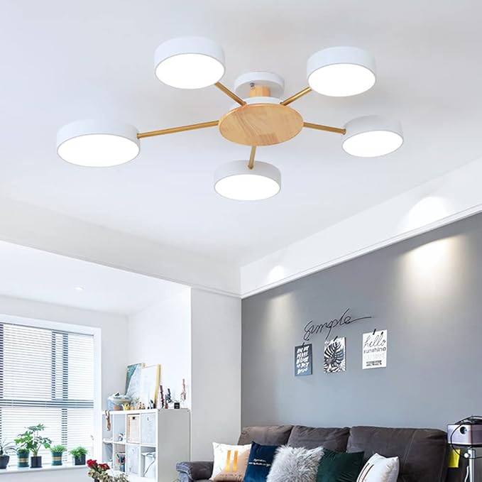 5-Lights LED Ceiling Light Fixture,32 Inch Modern Ceiling Lights Flush Mount Wooden 40W Dimmable Chandelier for Living Room Bedroom Kitchen,3000K/4000K/6000K Temperatures Selectable White