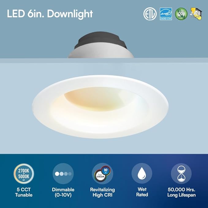 Euri Lighting DLC6C-16W203swej, 6” Commercial Downlight 120-277v, CCT (27/3/35/4/5) & Watt (7/10/16) Tunable, 0-10V DIM, 90+ CRI, Wet Rated, IC-Rated, UL, T24, JA8, Energy Star, 3YR, 50K HR WTY