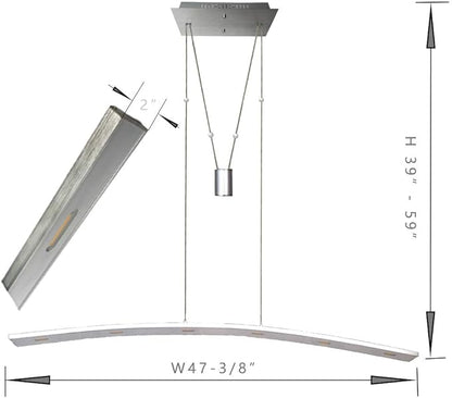 Linear LED Pendant Light Fixture Hanging Chandelier Poor Table Lights Height Adjustable 27W 3000K Warm Lamps for Living Dining Room Kitchen Island Bedroom Bar Restaurant, Brushed Aluminum.