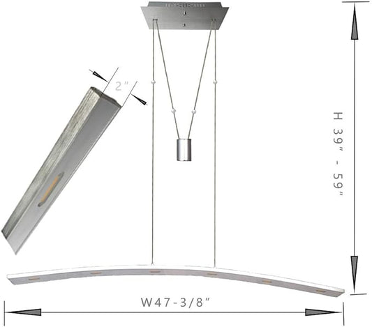 Linear LED Pendant Light Fixture Hanging Chandelier Poor Table Lights Height Adjustable 27W 3000K Warm Lamps for Living Dining Room Kitchen Island Bedroom Bar Restaurant, Brushed Aluminum.