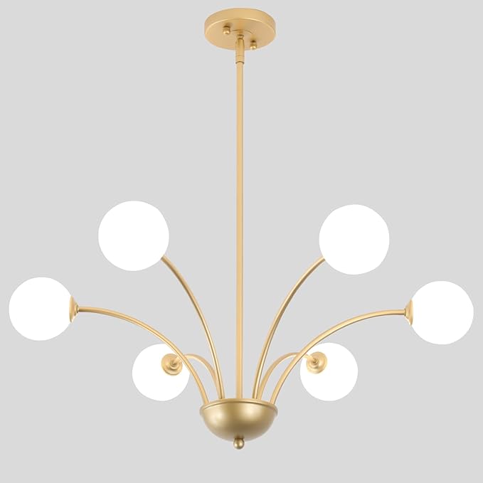 29.7” Modern Gold Chandelier 6-Lights Modern Vintage Golden Chandelier Light Fixture Rustic Farmhouse Glass Chandeliers for Dining Room, Kitchen Island, Bedroom, Living Room, Foyer, G9