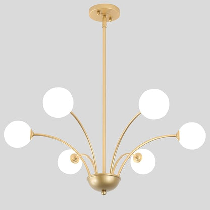 29.7” Modern Gold Chandelier 6-Lights Modern Vintage Golden Chandelier Light Fixture Rustic Farmhouse Glass Chandeliers for Dining Room, Kitchen Island, Bedroom, Living Room, Foyer, G9
