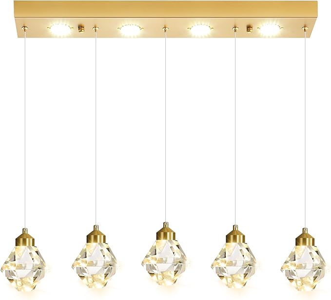 5-Lights Rectangular Pendant Light LED Dimmable Linear Crystal Chandelier Modern Rectangular Chandeliers for Dining Room Bedroom Gold Hanging Light