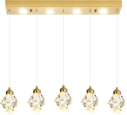 5-Lights Rectangular Pendant Light LED Dimmable Linear Crystal Chandelier Modern Rectangular Chandeliers for Dining Room Bedroom Gold Hanging Light