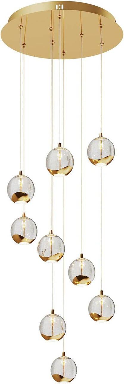 9-Light Modern Gold Glass Globe Chandelier, Hanging Cluster Pendant Light Kitchen Island & Foyer Chandelier, Warm White 3000K, 2610 Lm, LED Modern Chandelier, Ø 15.7 in