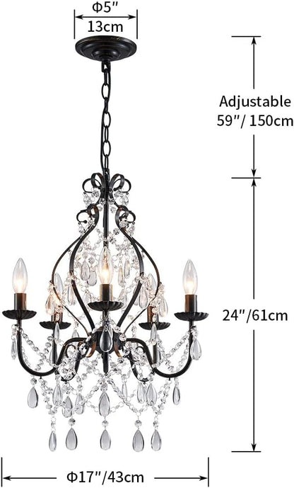 Saint Mossi 5-Lights Crystal Chandelier, Farmhouse Pendant Light Fixtures, H24 x D17,Chain Adjustable Max 59", Black Finish