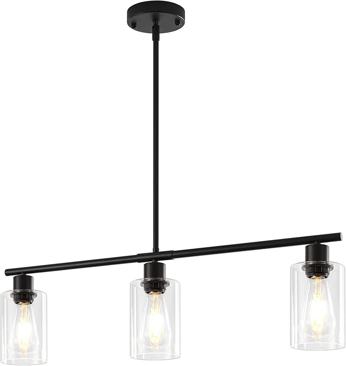 Modern Island Lights for Kitchen, Clear Glass Pendant Lighting Over Island Kitchen Hanging Light Fixtures 3-Light Black Farmhouse Chandelier for Dining Room Foyer Living Room