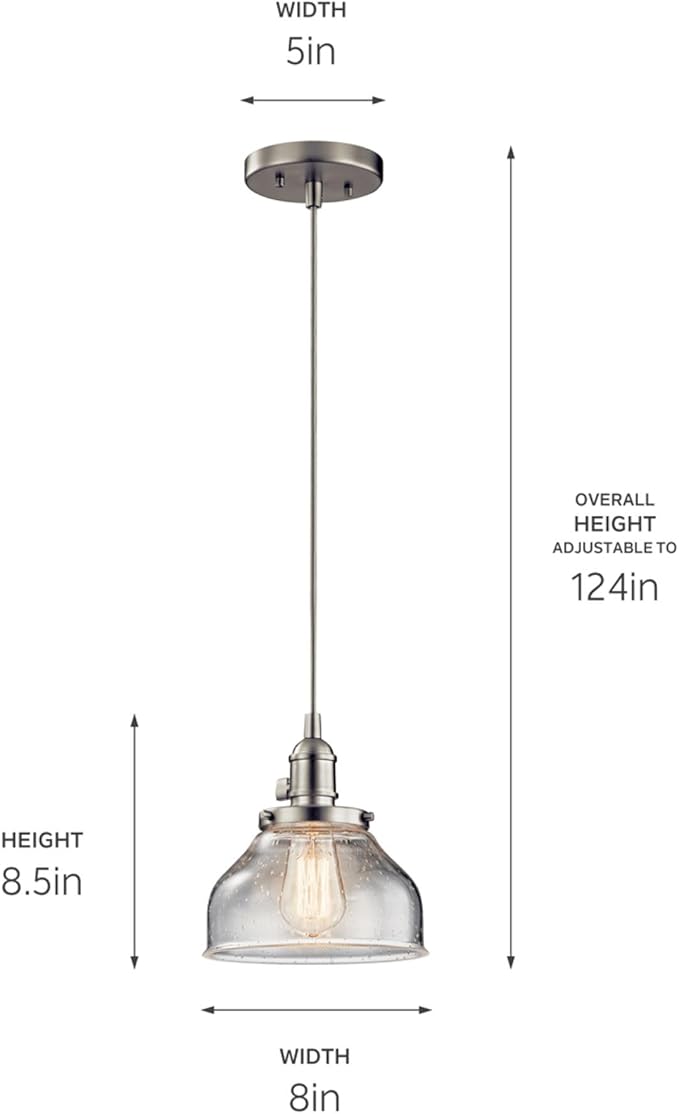 Kichler Avery 1-Light Bell Mini Pendant Light Fixture with Clear Seeded Glass in Brushed Nickel for Kitchen Island Lighting or Dining Room Hanging Lamp (8.5" x 8"), 43850NI