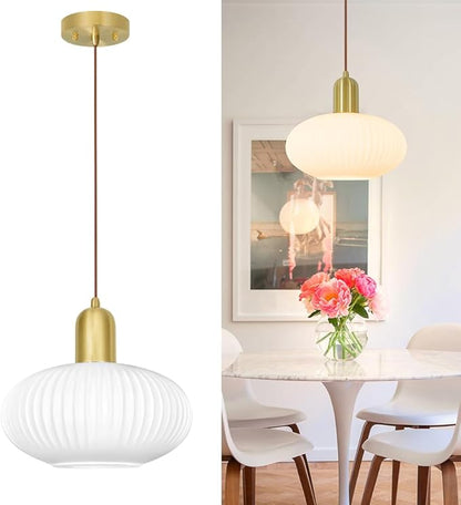 Modern Pendant Light, Brass Gold Kitchen Island Pendant Light Fixture, Pendant Lighting Fixture with Milky White Globe Glass Shade, Adjustable Ceiling Hanging Ligth for Bathroom Dining Room, 11.5in