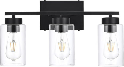 3-Light Bathroom Vanity Light, Modern Black Wall Lights with Clear Glass Shades, Bathroom Wall Sconce Lamp for Mirror Living Room Bedroom Hallway
