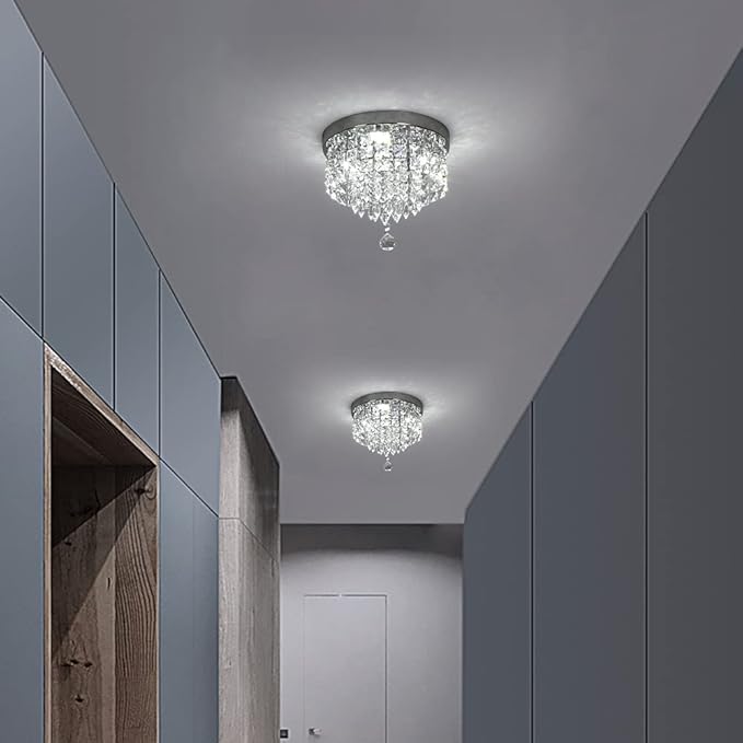 Deckrico Crystal Chandelier Modern Led Ceiling Light Flush Mount Stainless Steel Fixture Beaded Light Shade for Bedroom Dining Room Hallway Porch (White Light)