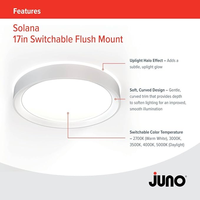 Juno 17 Inch Round LED Flush Mount Ceiling Light, Solana Series Low Profile Modern Ceiling Light Fixture, 5-in-1 Switchable White Color Temperature, Dimmable, Matte White