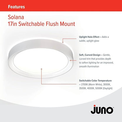 Juno 17 Inch Round LED Flush Mount Ceiling Light, Solana Series Low Profile Modern Ceiling Light Fixture, 5-in-1 Switchable White Color Temperature, Dimmable, Matte White
