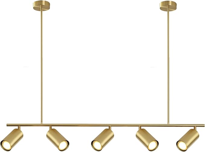 BOKT Brass Gold 5-Light Track Lighting Pendant Mid Century Modern LED Hanging Track Lighting Kit Vanity Linear Track Lighting Kitchen Island Adjustable Spot Light Ceiling