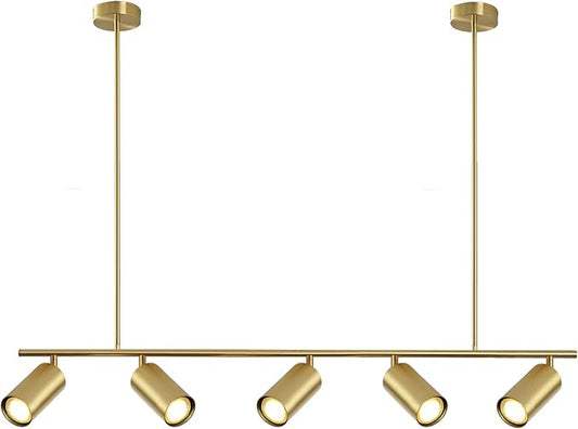 BOKT Brass Gold 5-Light Track Lighting Pendant Mid Century Modern LED Hanging Track Lighting Kit Vanity Linear Track Lighting Kitchen Island Adjustable Spot Light Ceiling