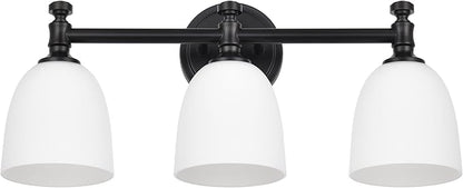 Black Bathroom Vanity Light, 3-Light Bathroom Light Fixtures Over Mirror, Traditional Vanity Lights for Living Room, Milk White Bell Glass Shades, Standard E26 Base, Matte Black