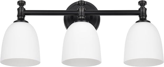 Black Bathroom Vanity Light, 3-Light Bathroom Light Fixtures Over Mirror, Traditional Vanity Lights for Living Room, Milk White Bell Glass Shades, Standard E26 Base, Matte Black
